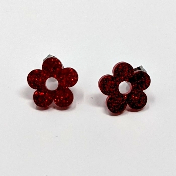 Jewelry - Flower red glitter acrylic stud earrings